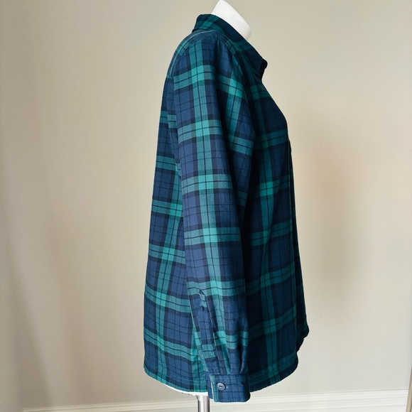 LL Bean Fleece Lined Black Watch Tartan Green Blue Plaid Flannel Womens Medium - Picture 2 of 7